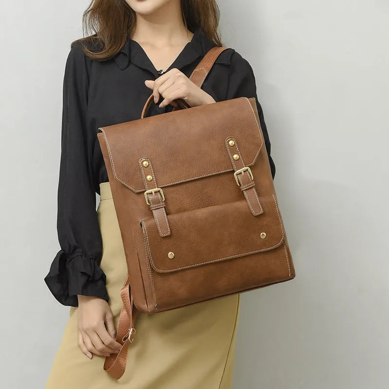 Korean style retro backpack in soft PU material showing ventilation back panel design
