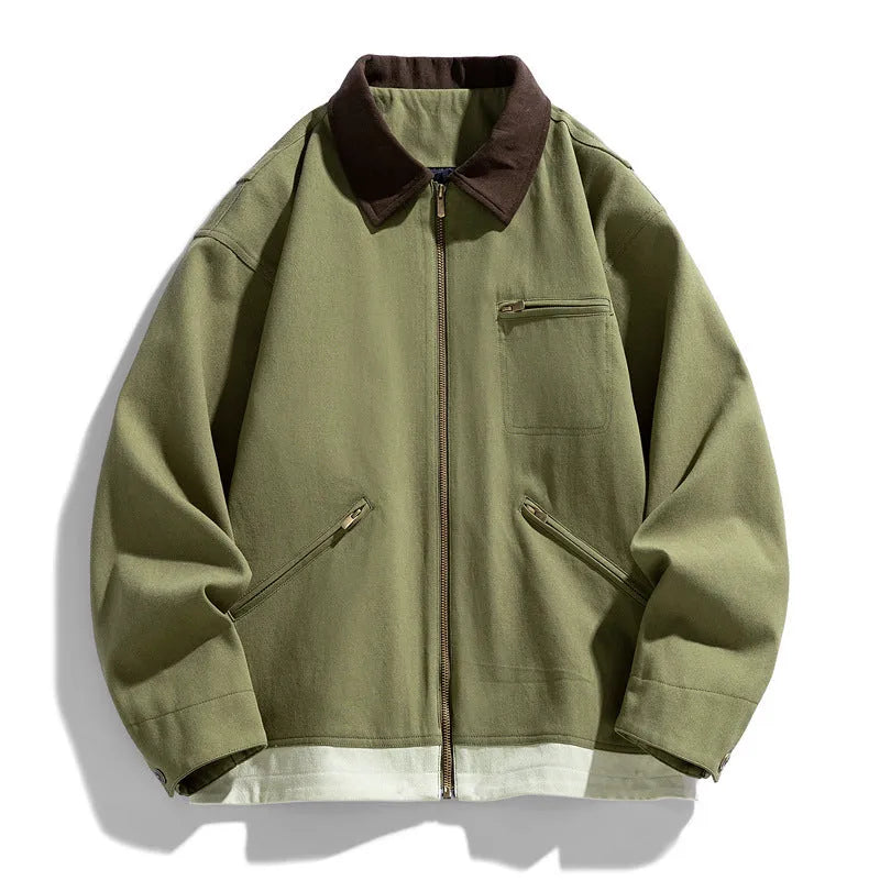 Men's loose-fit retro workwear jacket with contrasting lapels in mint green colour.