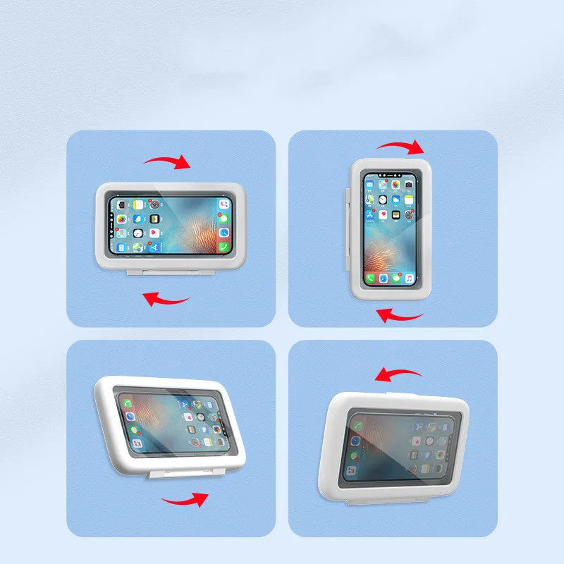 Waterproof phone holder with anti-fog window mounted on bathroom tile with mobile phone inside