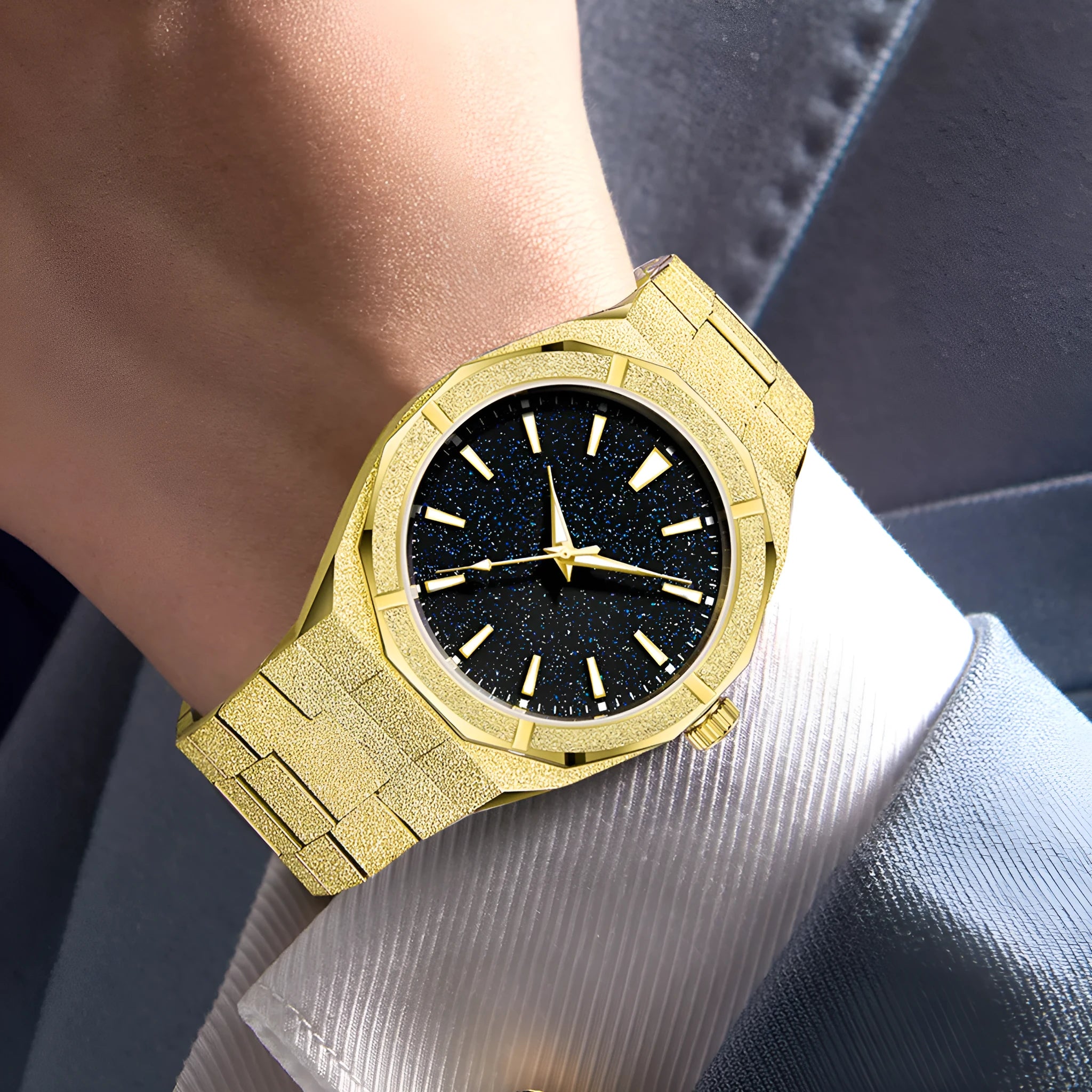 Men's stainless steel business watch with frosted case, luminous hands, on adjustable steel strap.