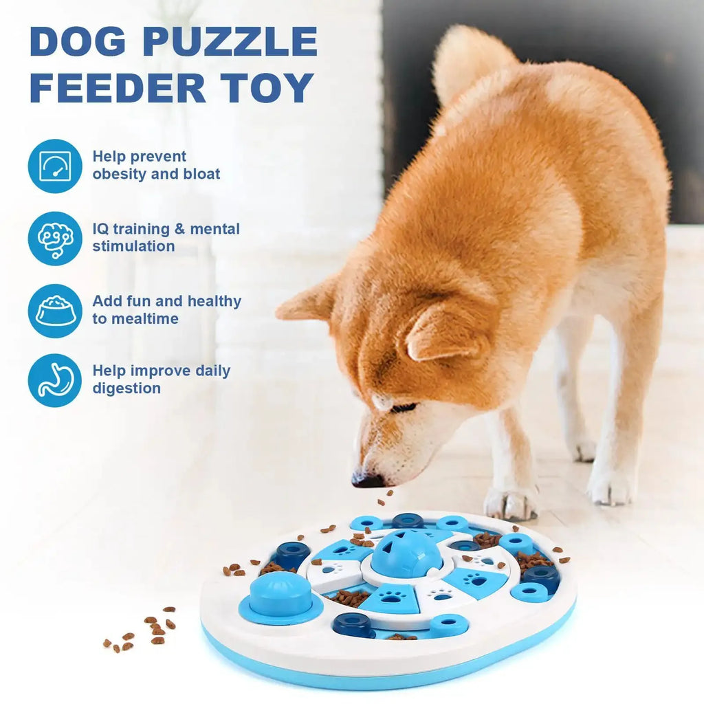 Blue dog puzzle toy with 24 compartments and spherical bells on a floor, showing clear top and non-slip base