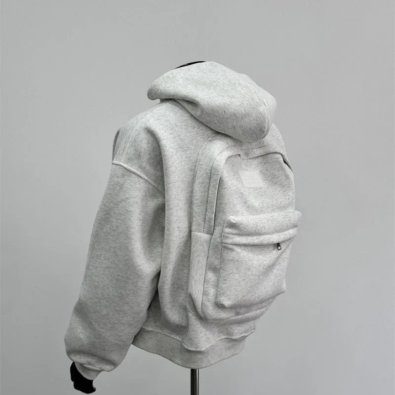 Men's light gray hooded casual coat with a distinctive backpack design on the back.