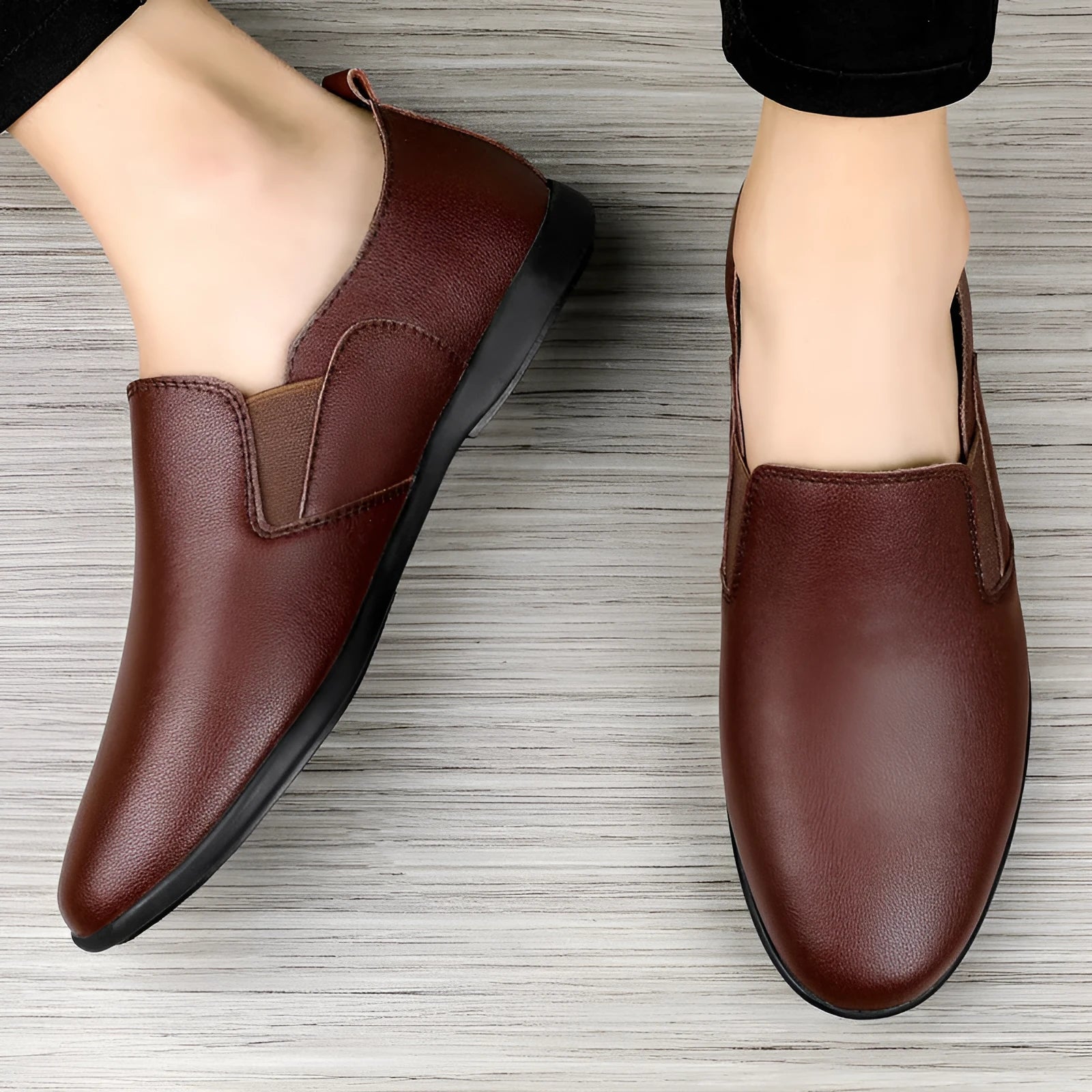 Men's black leather business shoes with rounded toe and breathable construction on size guide