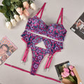 Women's rose red embroidered bikini set with contrast colour design on polyester fabric