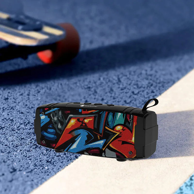 Portable Bluetooth speaker in six colour options including camouflage and graffiti designs.