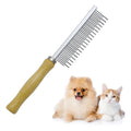 Wooden handle pet grooming comb for dogs and cats with rounded safety teeth.
