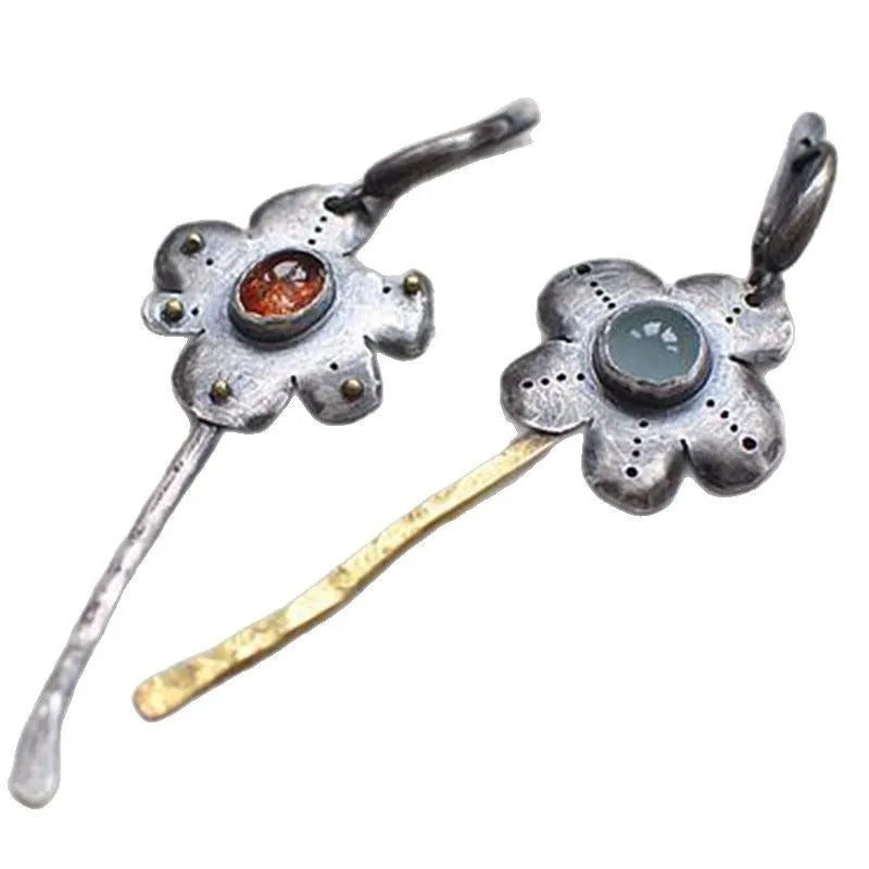 Retro geometric flower drop earrings with asymmetrical two-tone electroplated finish