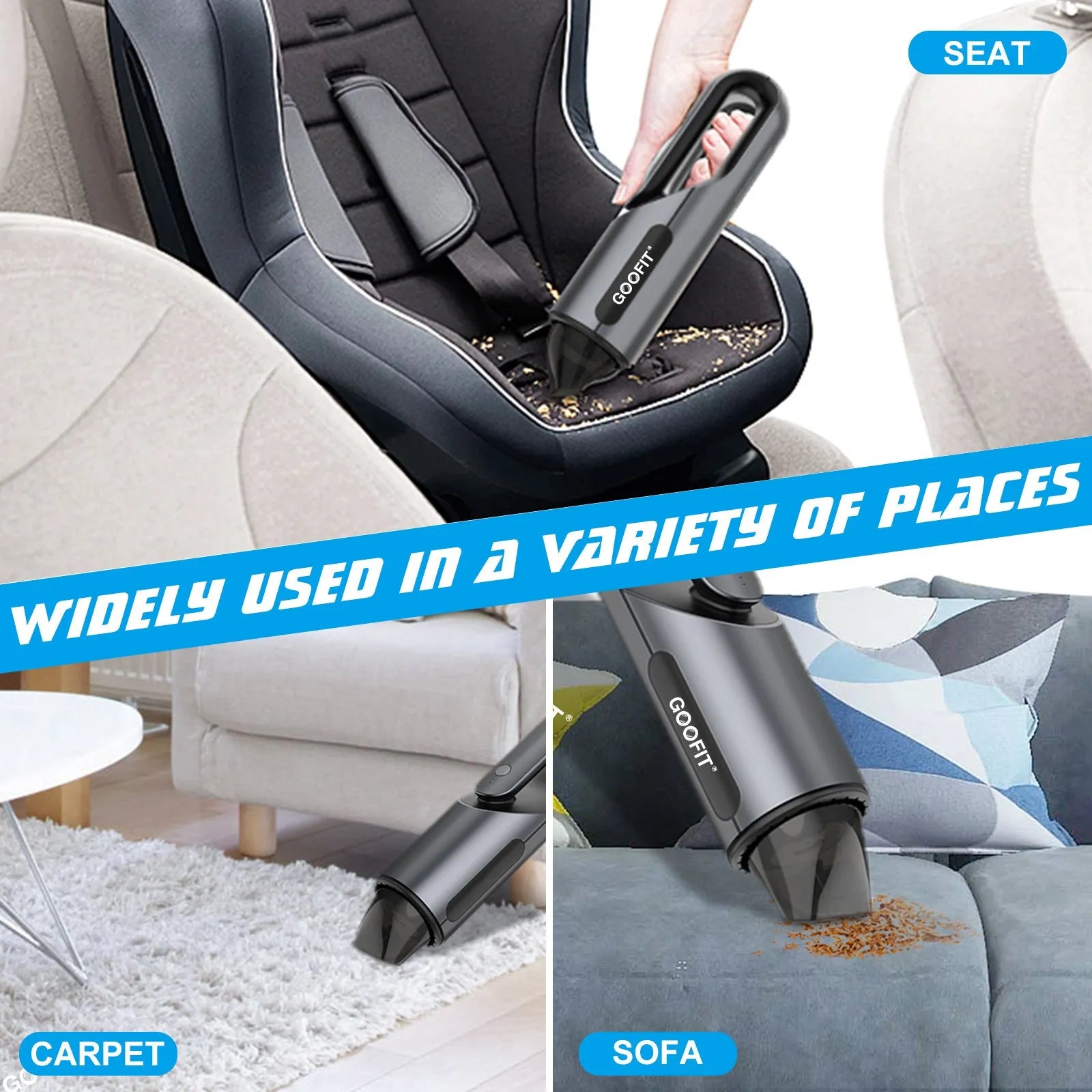 Black portable wireless handheld car vacuum cleaner with brush and flat attachments on a car seat.