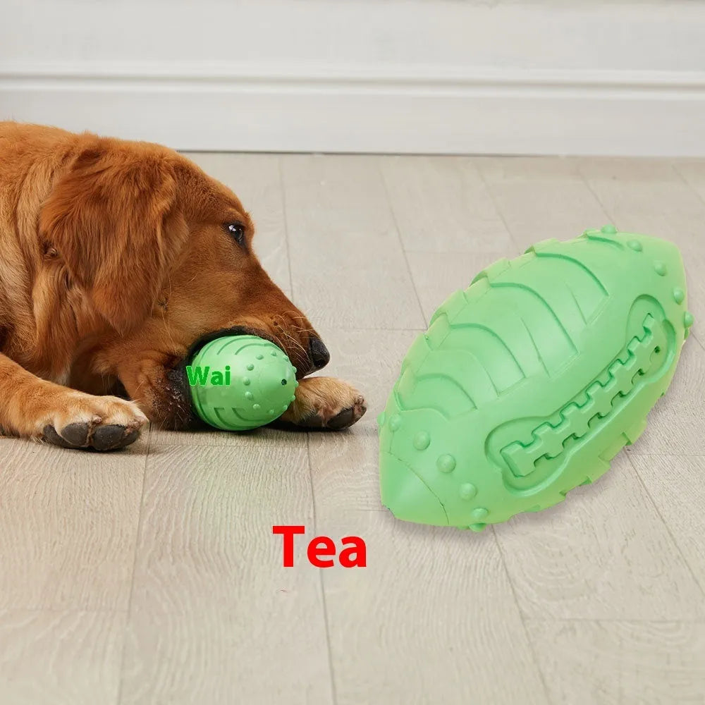 Light green bite-resistant rubber rugby ball dog toy with textured surface for teeth cleaning