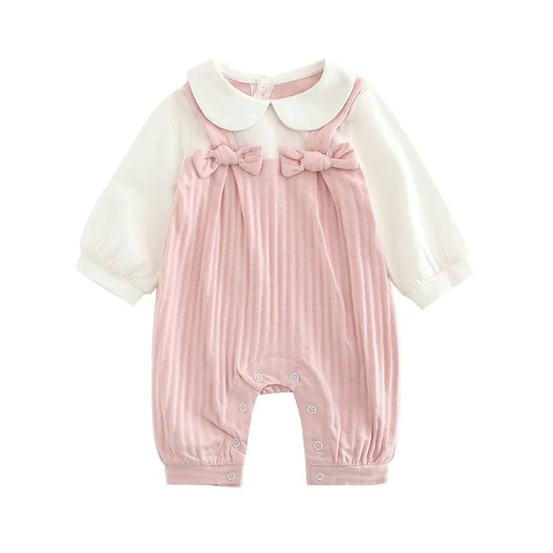 Pink baby girls embroidered jumpsuit with long sleeves and a single-breasted closure.