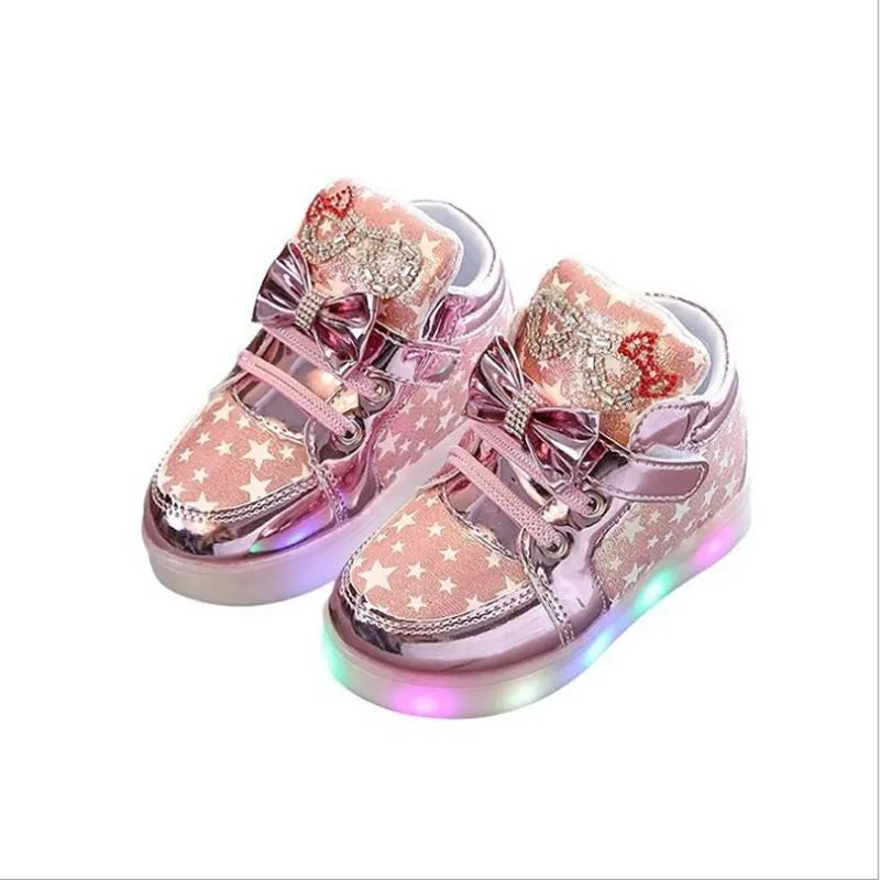 Children's LED light-up shoes with magic button in golden, pink or silvery colours, sizes 21-30cm