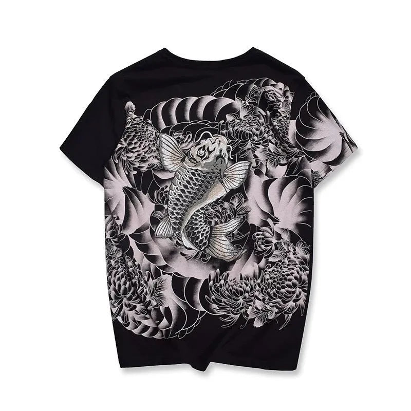 Chinese style embroidered T-shirt with squid tattoo design, pure cotton, loose fit, round neck, short sleeves, black colour