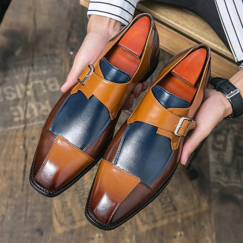 Men's brown blue retro buckle casual shoes with a tall crown microfiber upper.