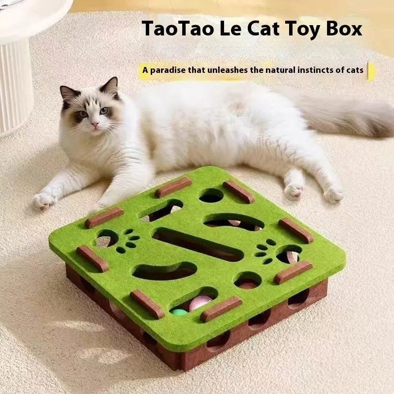 Green brown felt cat puzzle box with holes for pawing and mental stimulation