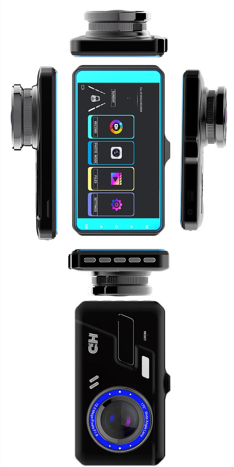 Black dual lens dash cam with 4-inch touch screen showing front and rear camera views