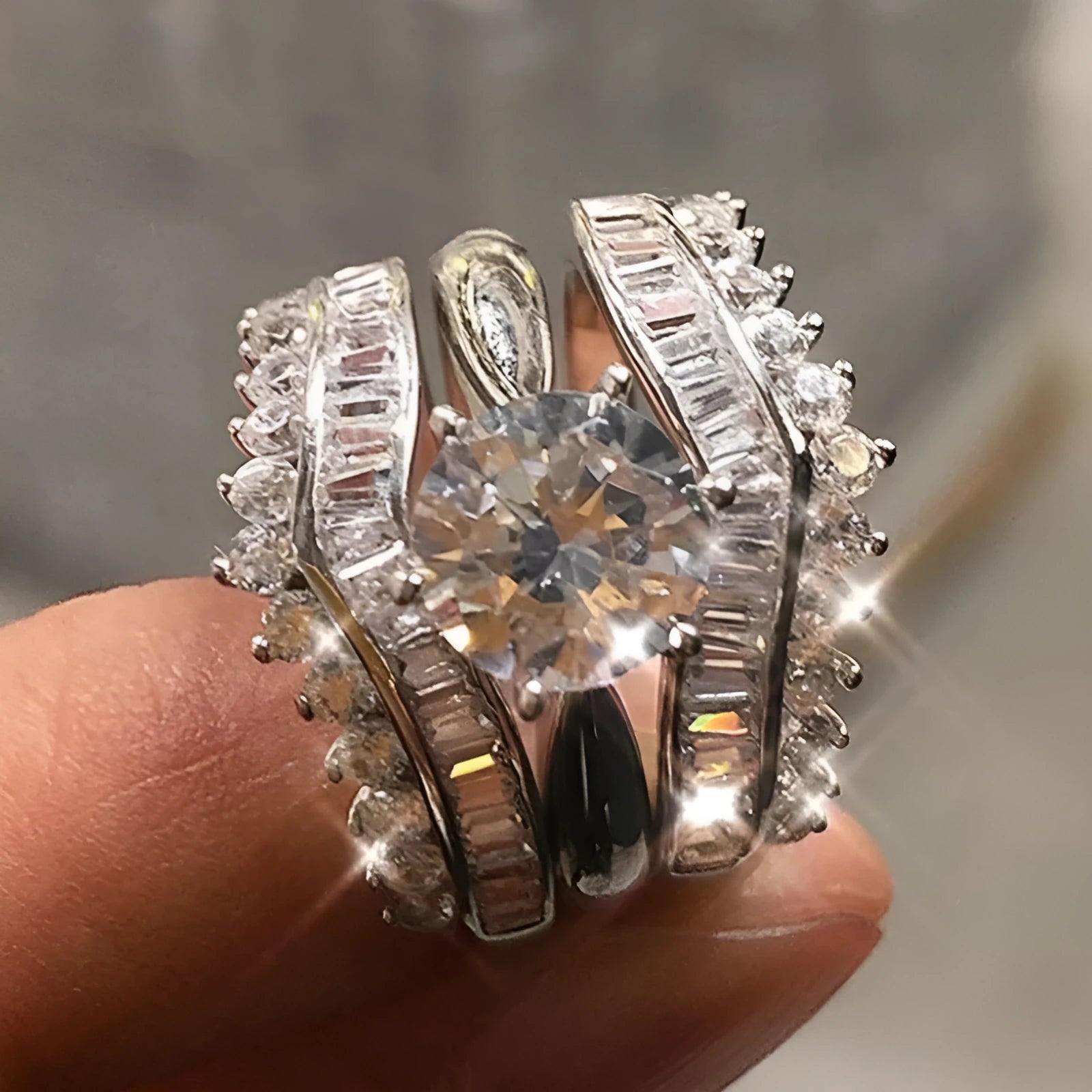 White gold colour geometric crown design ring with zircon inlay from couples three-piece matching set