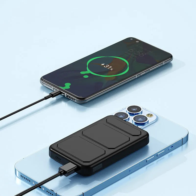 Magnetic wireless charging power bank with folding stand open, showing colour options.