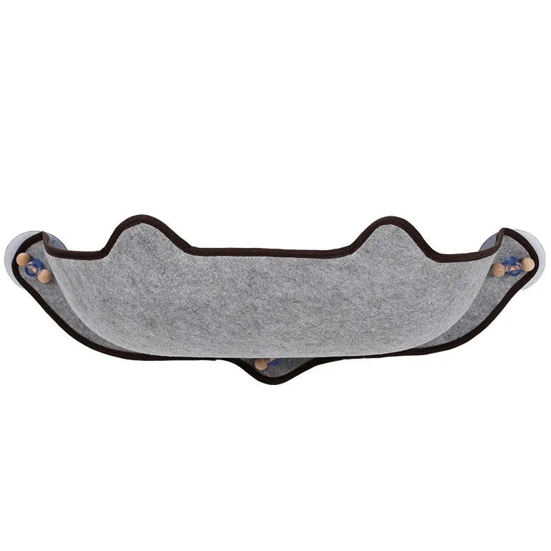 Grey felt cloth cat hammock fixed to a window with three suction cups, 59x22x13cm