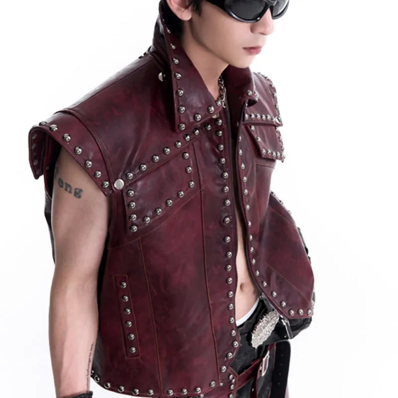 Red special-interest heavy industry rivets leather vest coat set with lapel collar and matching pants