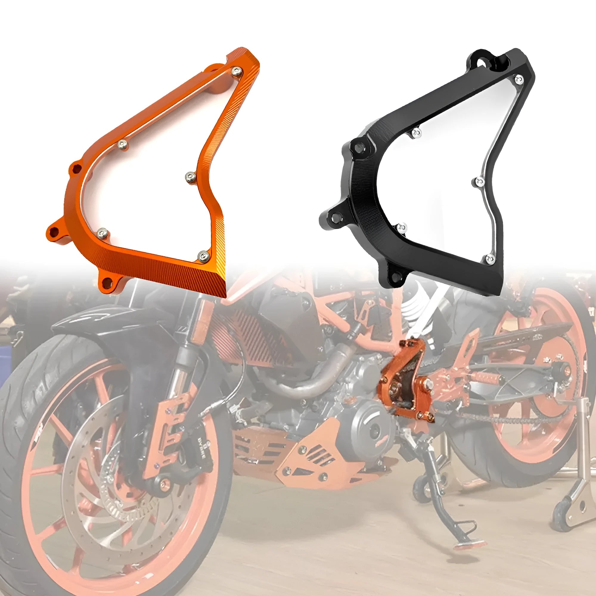 KTM Duke motorcycle chain front gear cover replacement in black or orange for 2017-2020 models