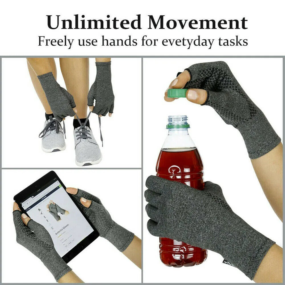 Grey half-finger compression gloves with anti-slip silicone dots on palms