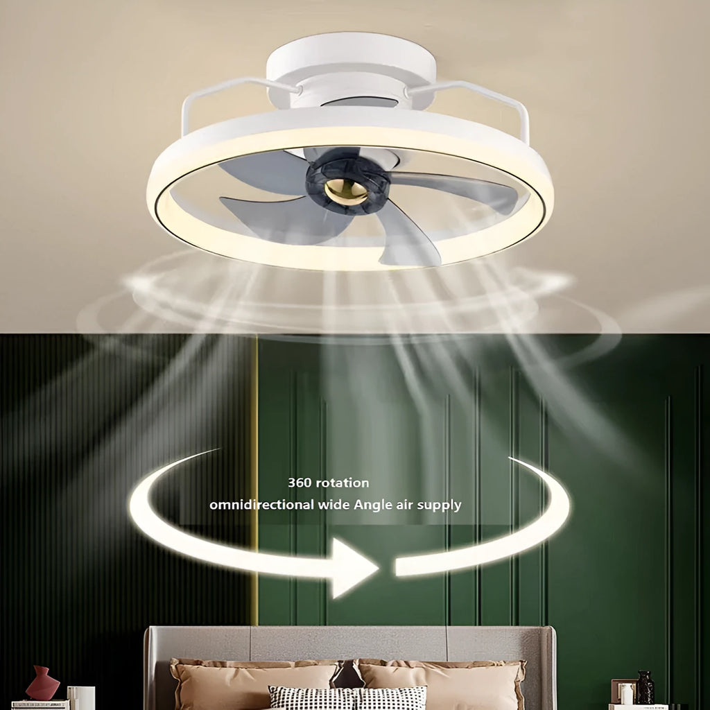 Modern white ceiling fan with integrated light and five blades, shown installed on a ceiling.