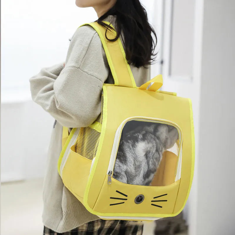 Pet cat carrier backpack in blue Oxford fabric with mesh top and shoulder straps