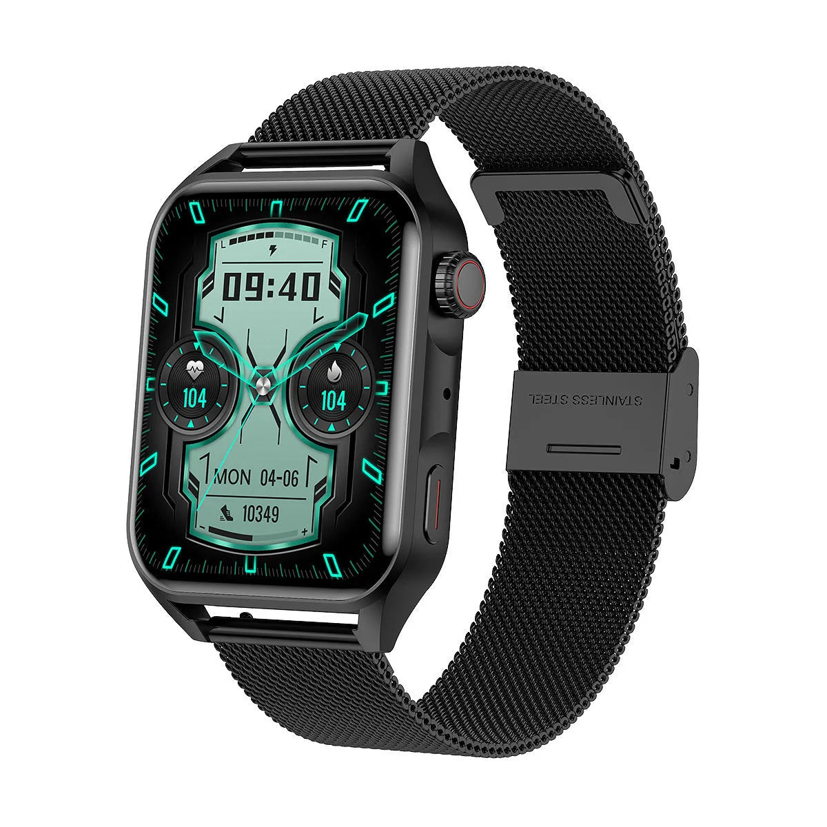 Black smart watch with 1.8-inch AMOLED screen and silicone strap on a wrist.