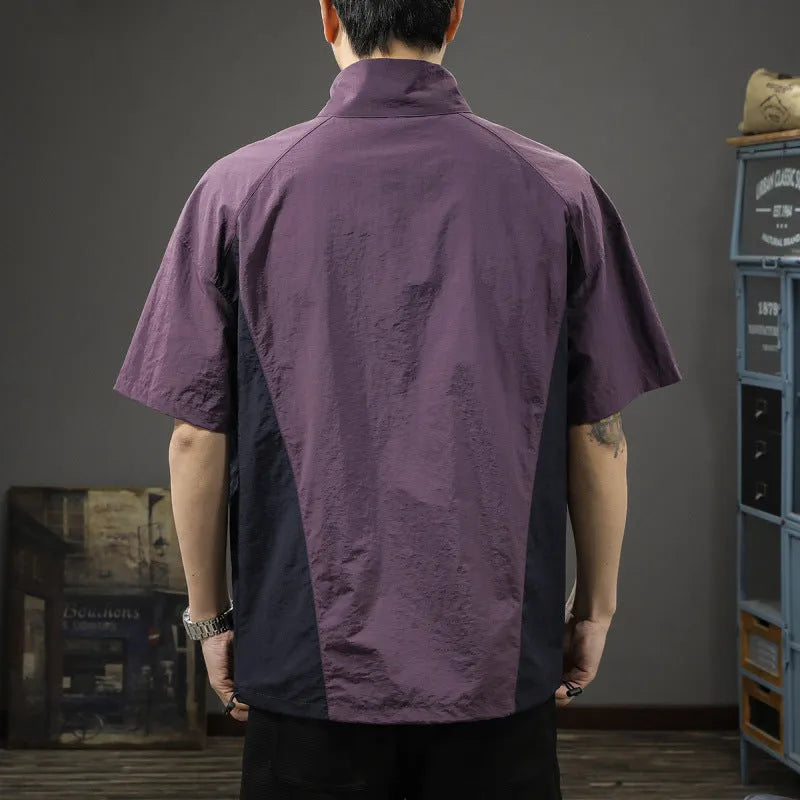 Brown men's half-zip stand collar short-sleeved T-shirt made from Ice Silk fabric.