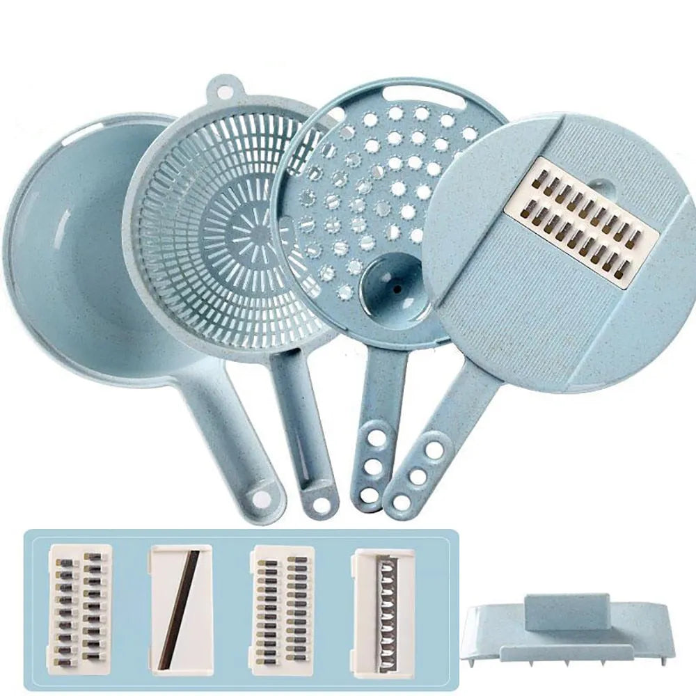 8 In 1 Mandoline Slicer vegetable slicer with stainless steel blades, strainer, and hand guard in blue