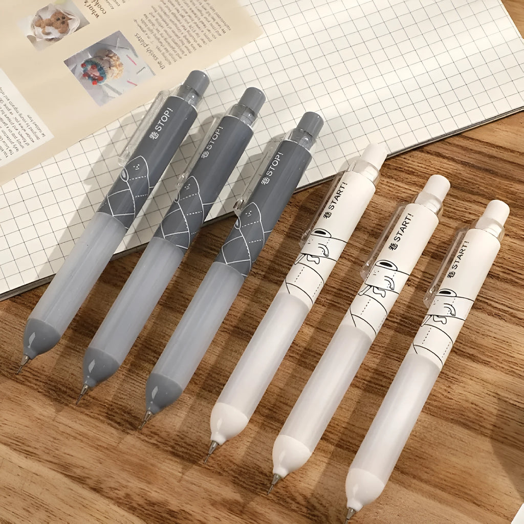 Black and white 0.5mm HB mechanical pencil with plastic barrel and minimalist design