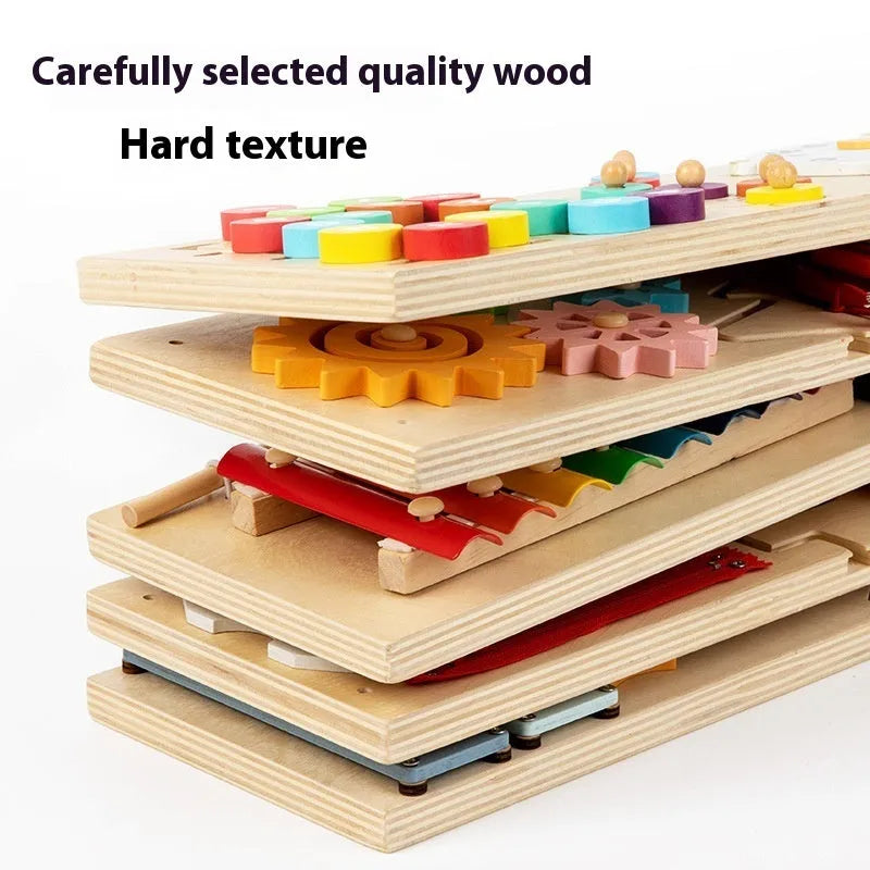 Wooden multi-functional busy wall board educational toy for children aged 4-6 with dimensions 46x15.5x18 cm