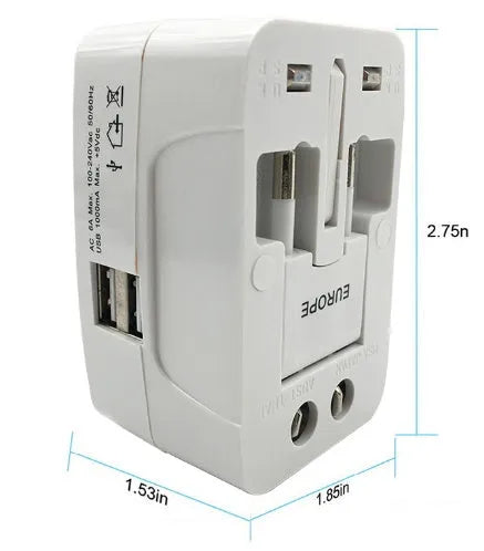 Compact white universal travel plug adapter and charger converter on a grey background.