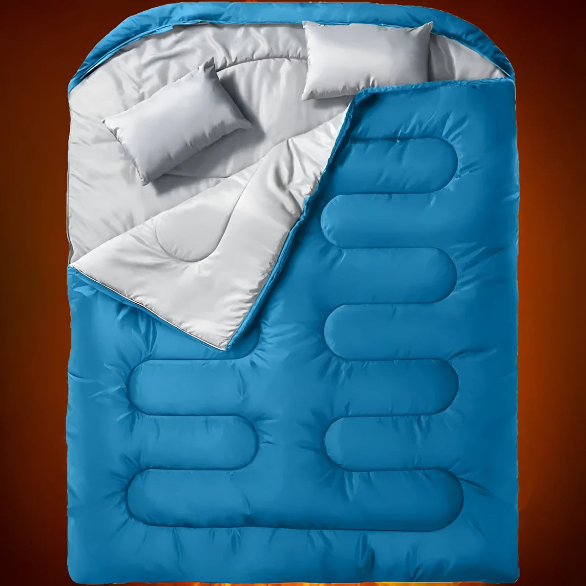 Portable pillow size polyester sleeping bag in black double colour, folded compact