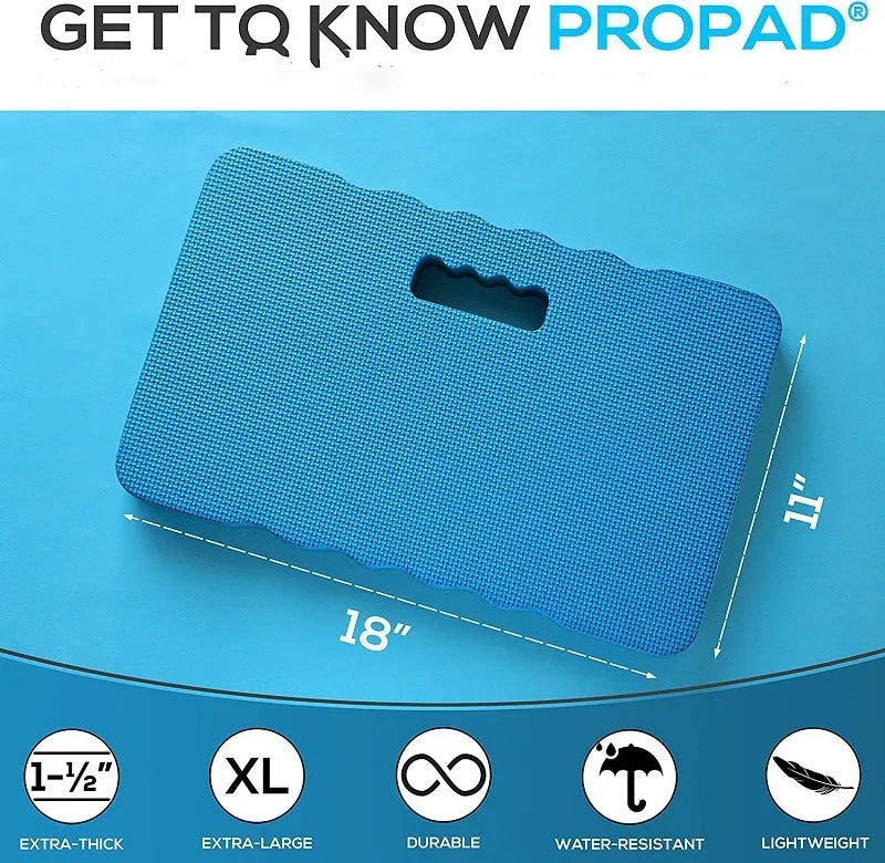 A blue plastic garden kneeler pad on grass, showing its size and cushioned surface for kneeling.