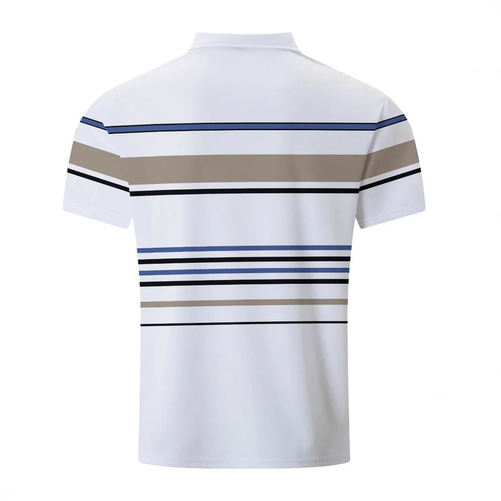 Men's white striped short sleeve t-shirt on a hanger