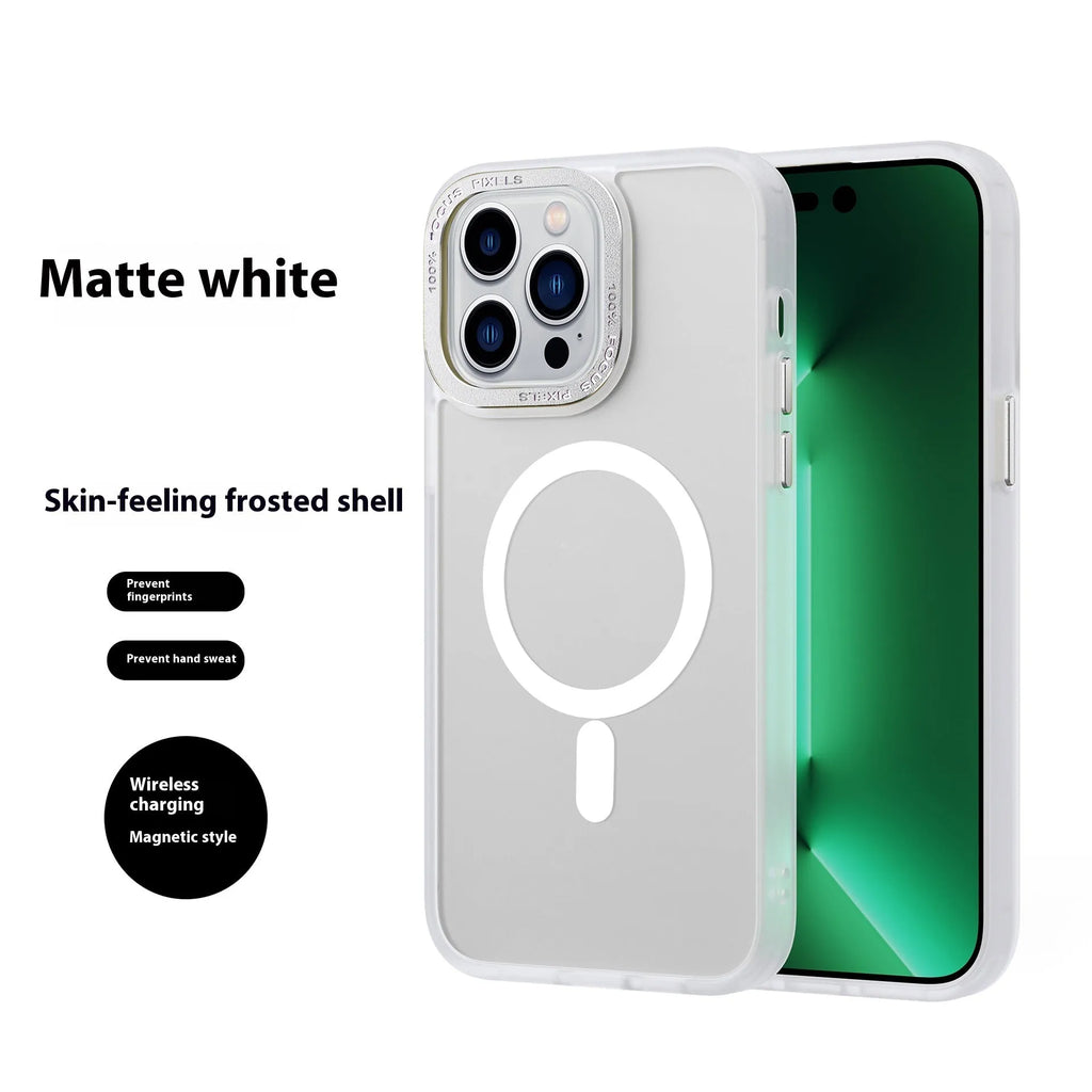 Frosted skin feel magnetic phone case for iPhone 14 Pro in black with metal buttons and photo frame