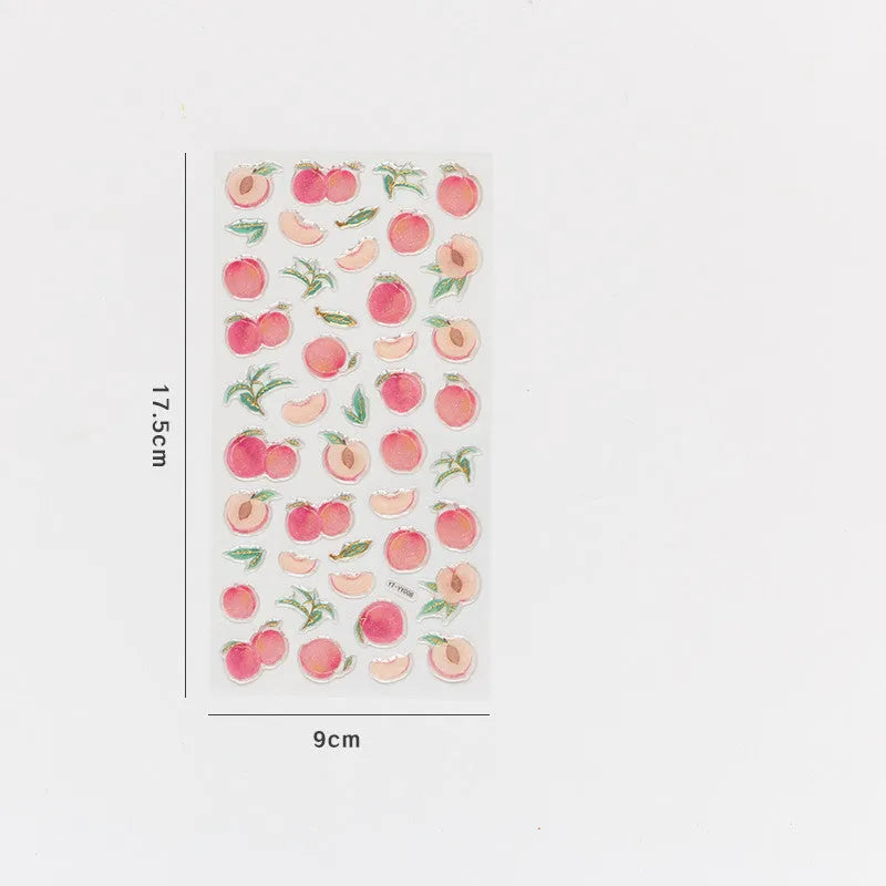 Set of six long, glossy fruit-themed bronzing stickers for DIY decoration on phones and notebooks.