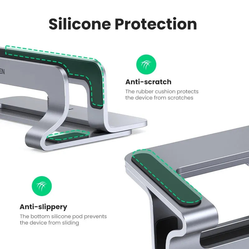 Silver aluminium alloy laptop cooling stand with adjustable width settings on a desk