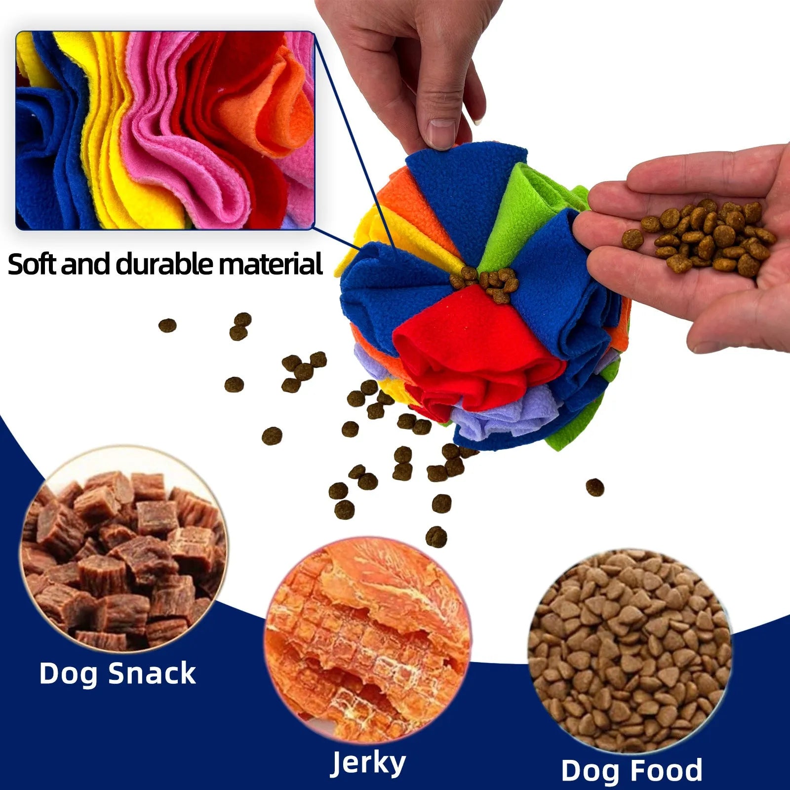 Rainbow colour molars-style polar fleece pet sniffing toy ball for dogs in size 15cm