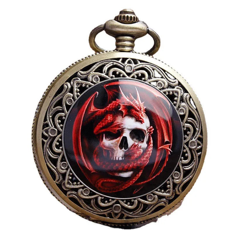 Bronze antique-style ceramic pocket watch with skull motif on 37.5cm chain, 4.7cm case diameter