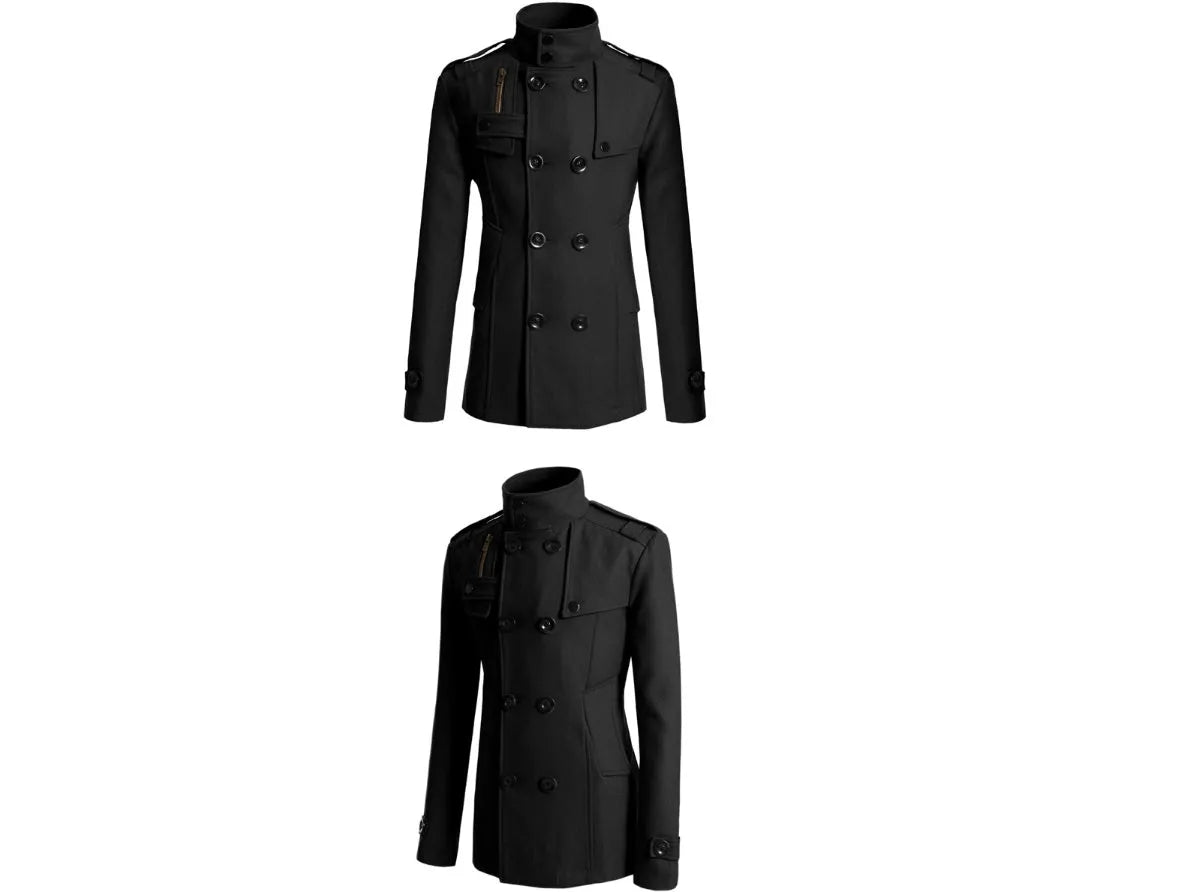 Men's woolen trench coat in cotton blend, single breasted, notched lapel, in khaki colour on model