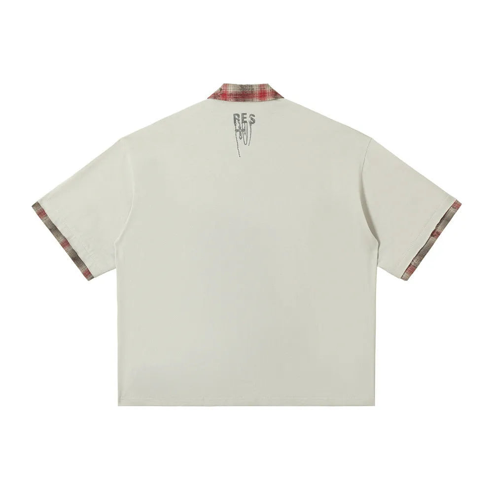 Men's loose asymmetric cotton top with graffiti print in blue or red.