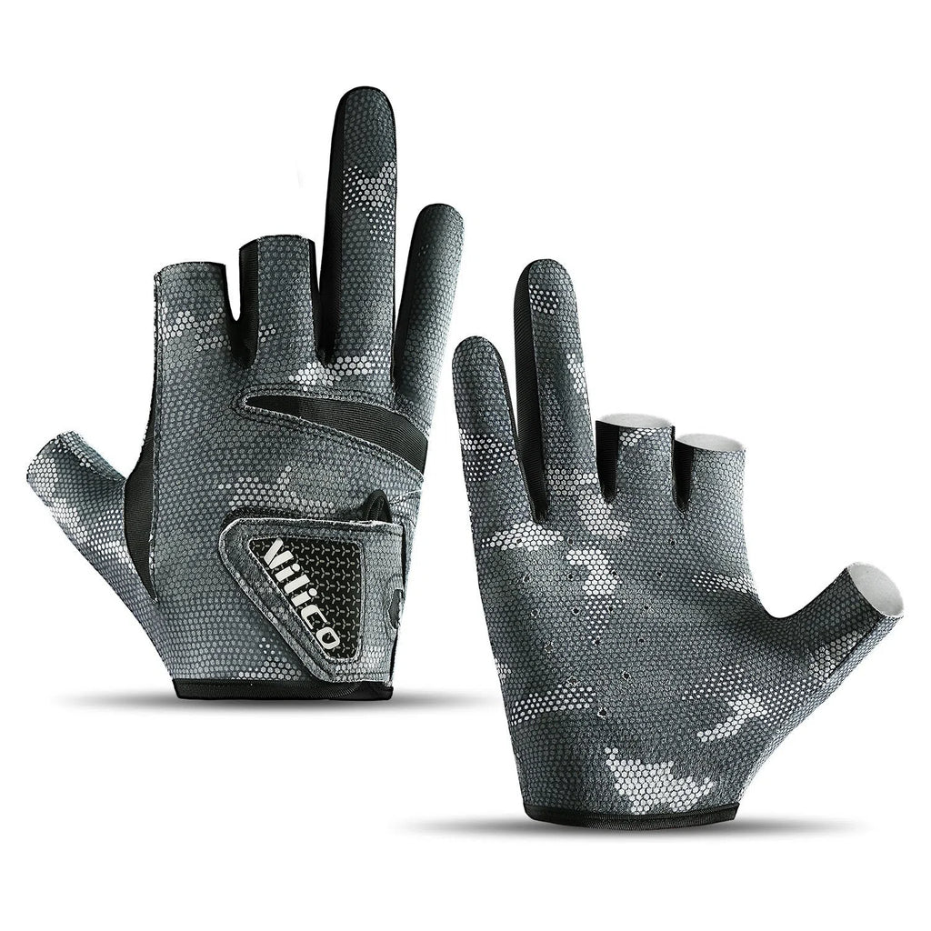 Exposed three-finger polyester fishing gloves in black or grey, sizes M and L, with non-slip function