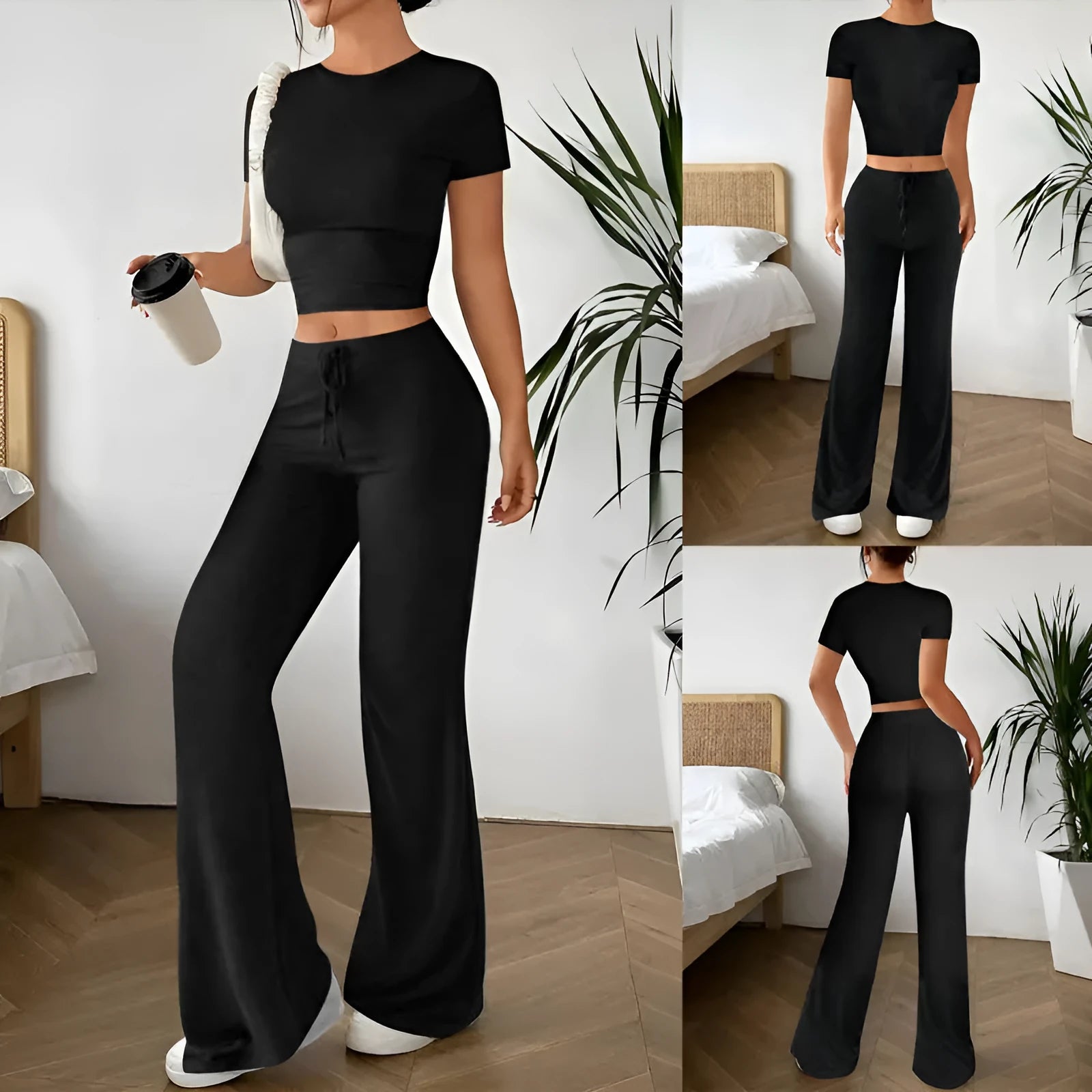 Women's black high waist trousers and short sleeve top polyester suit set