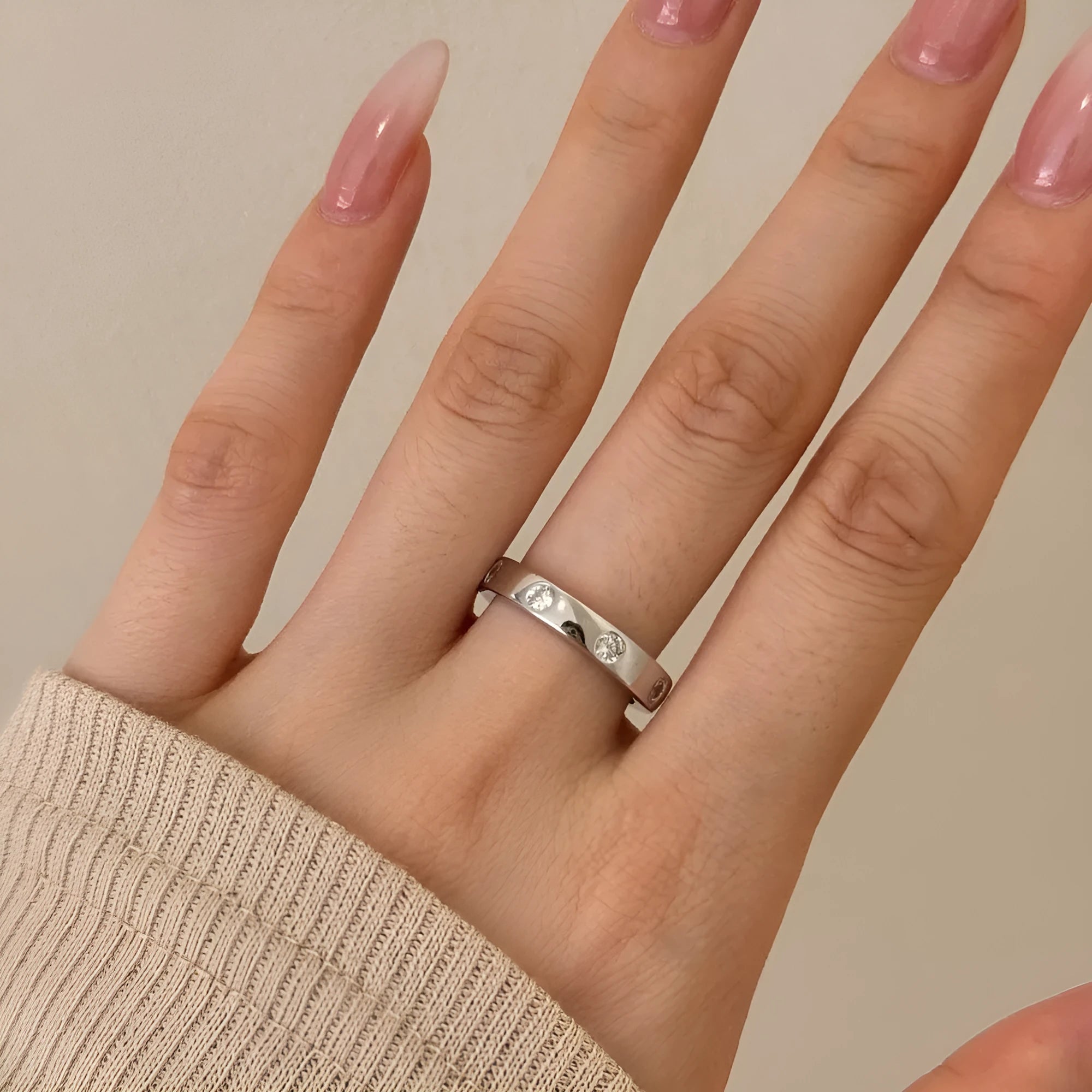 Silver geometric ring with zircon inlay, electroplated white gold colour, women's ring size No 7