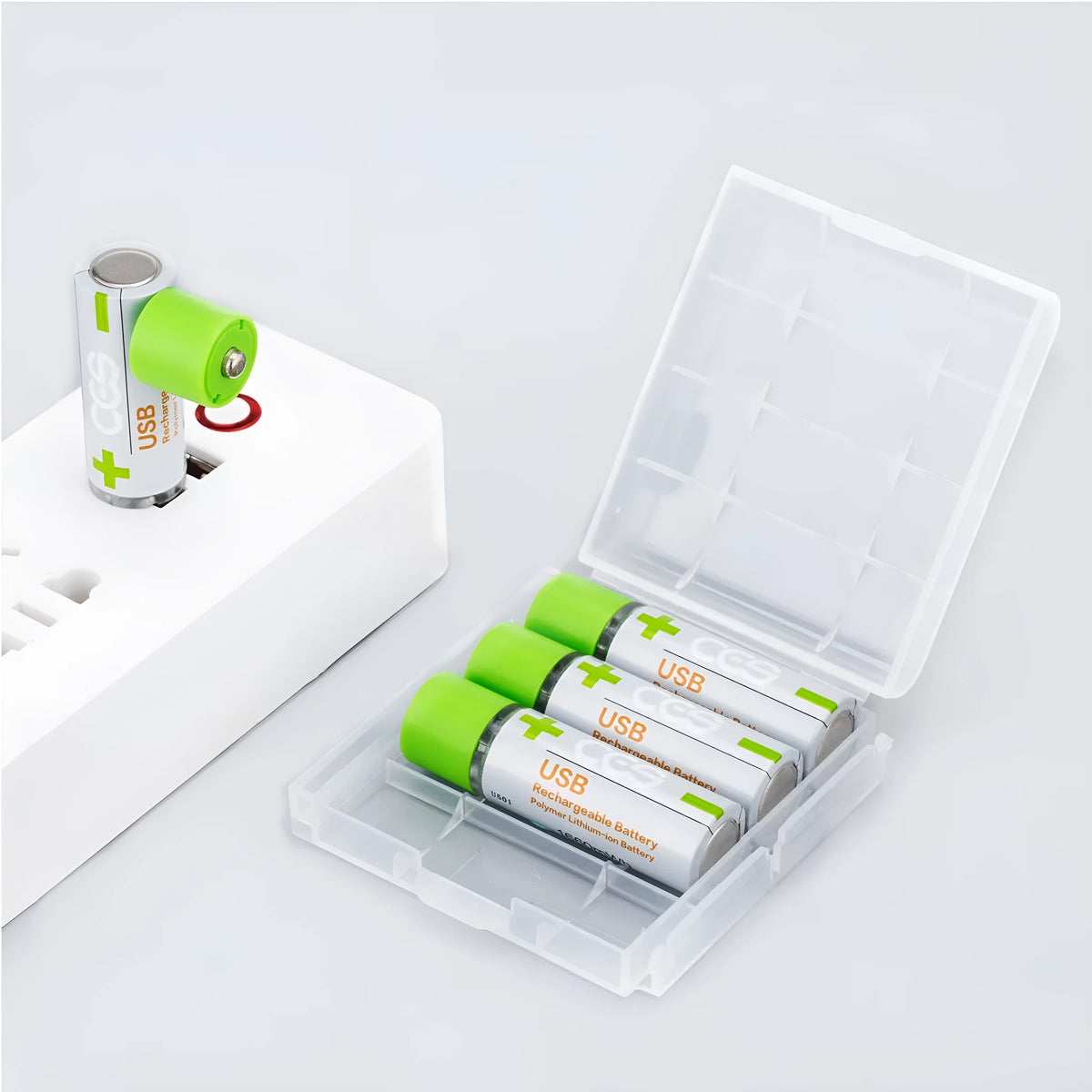 Ces USB fast charge lithium AA battery with silver-green casing, 1.5V constant voltage, 1665mWh capacity, and integrated USB charging port