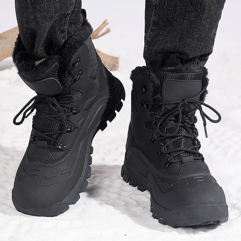 Men's black high-top fleece-lined winter boots with flat heel and lace-up front