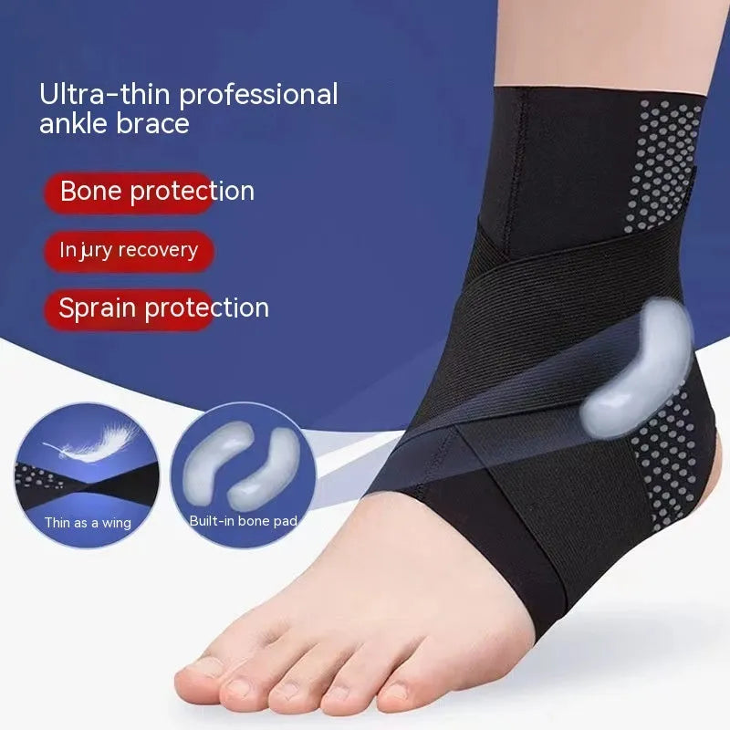 Black Lycra ankle support brace shown on adult foot for sports protection