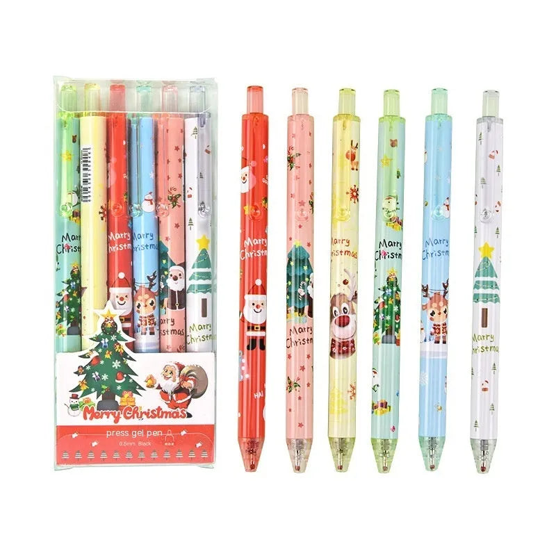 Six Christmas cartoon design plastic gel pens with press mechanisms and black refills